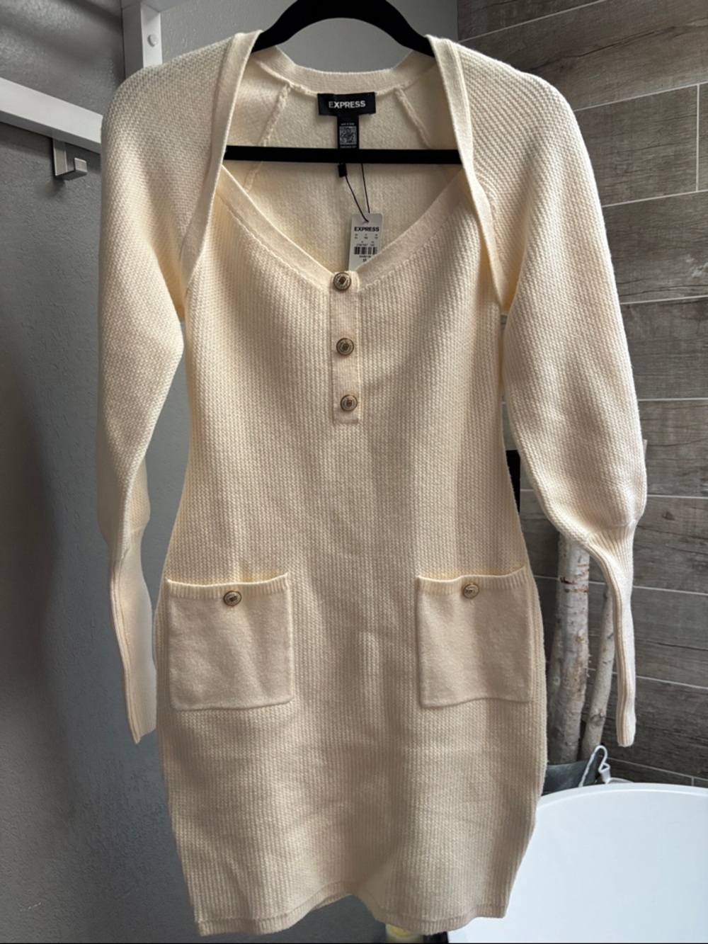 Express Cream Button-Front Knit Sweater Dress with Pockets